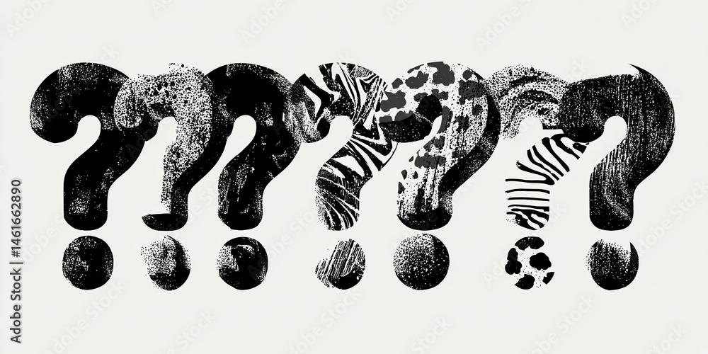 Aufkleber Black question marks, textured with animal print patterns, create a graphic design symbolizing inquiry and animal themes, suitable for various branding or design projects