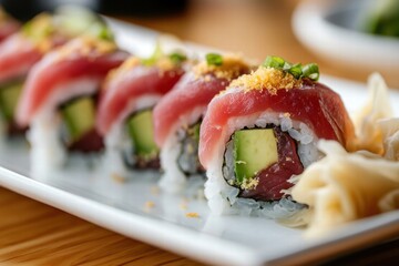 Close-up of assorted sushi with tuna on wooden board