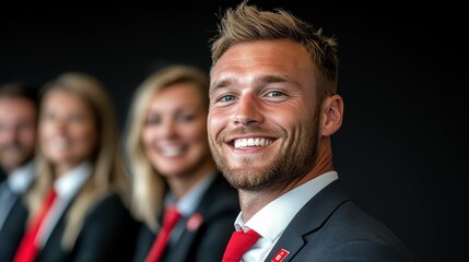 Confident Young Businessman Smiling in Corporate Setting with Colleagues in Background Wearing Professional Attire and Ties