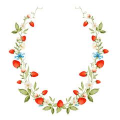 watercolor strawberry wreath with white flowers