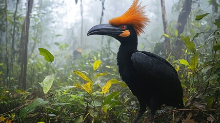 Obraz premium Majestic black bird with vibrant orange crest in a misty rainforest