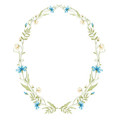 watercolor wreath with white and blue flowers