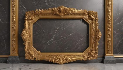 Intricately carved golden frame against polished marble ,  still life,  opulent