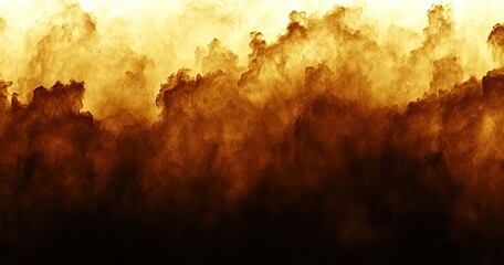Thick, golden-brown smoke billows against a pale yellow-white backdrop,  descending to a dark bottom.  Layered, textured smoky clouds