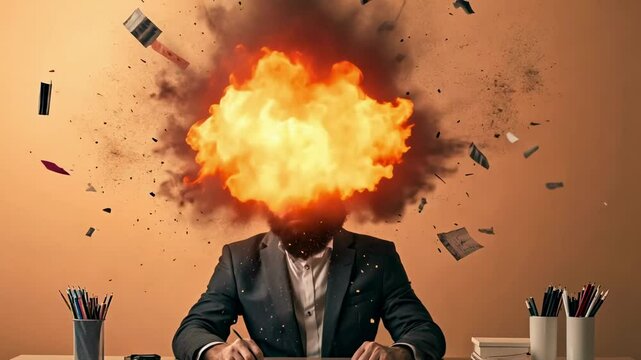 Stressed businessman with exploding head made of fire and smoke, sitting at office desk with pencils and documents flying around, isolated on a solid beige background