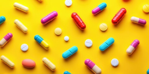 Colorful array of pills and capsules scattered on a bright yellow surface during midday