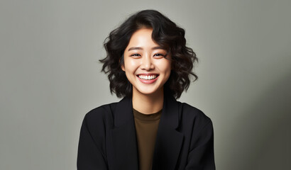 Obraz premium An Asian woman smiles softly in a cozy environment, offering a feeling of trust and approachability. Her casual look and natural presence suit personal branding.