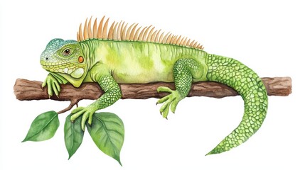 Fototapeta premium Vibrant Green Iguana Relaxing on a Branch Surrounded by Lush Leaves in a Bright Artistic Illustration