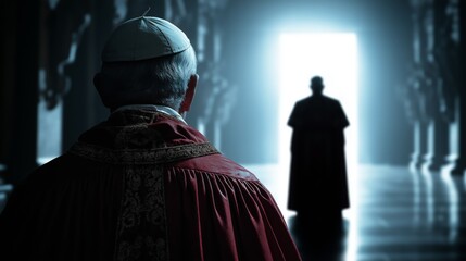 Back view of the Pope inside dark cathedral with silhouette of another clergyman in the distance