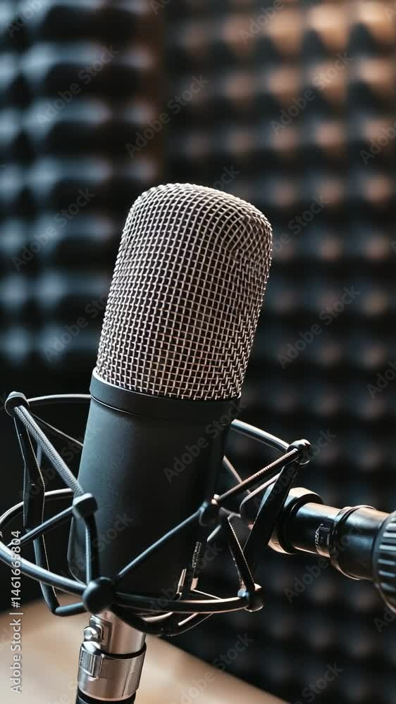 Poster close up of a hand holding a black microphone against a beige background, creating a simple yet powe