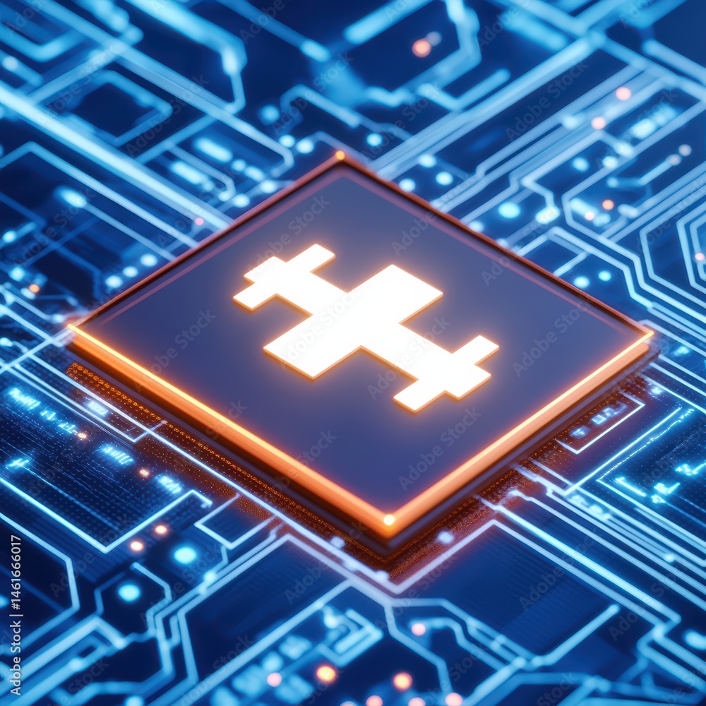 Poster unique digital circuit board with central processing unit highlighted in vibrant blue and orange col