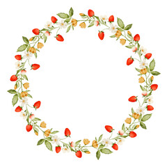 watercolor strawberry wreath with white flowers