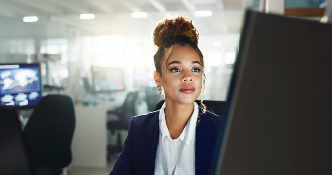 Woman, working and corporate with computer in office, financial advisor and stock broker for investment growth. Online, email and website review with connection, fintech project and internet trading