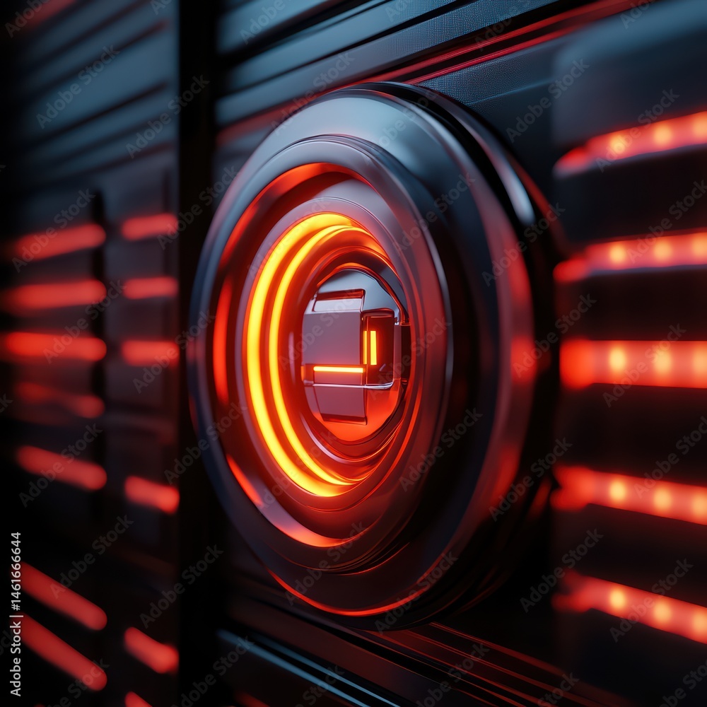 Poster abstract image of a glowing circular button on a futuristic electronic panel with illuminated lines 