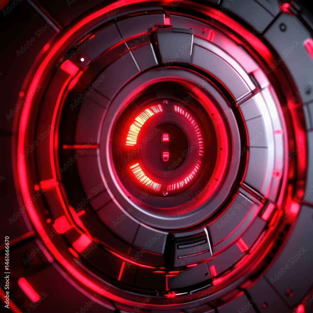 Poster futuristic abstract background with neon red circular patterns and technology inspired design elemen