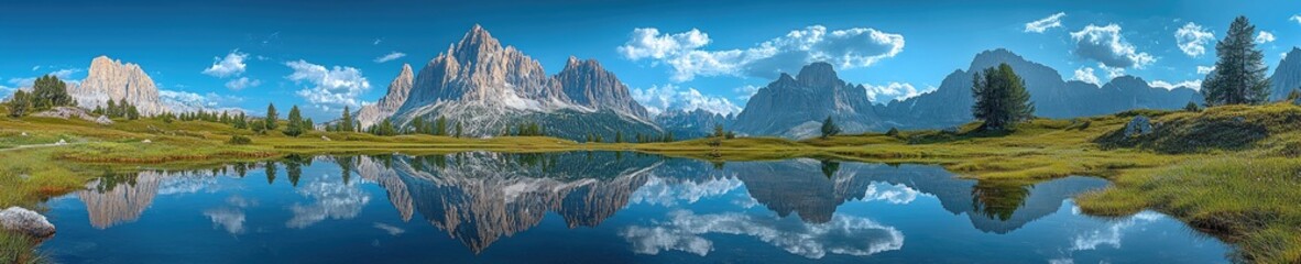 Picturesque alpine lake reflecting majestic mountains.