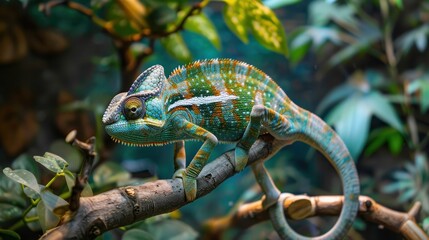 A chameleon climbing a branch.