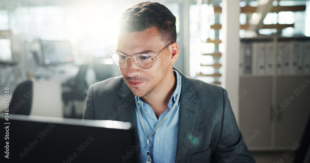 Poster reading, office and business man on computer for online project, proposal and research. corporate, w