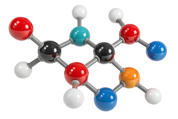Obraz premium 3D model of a molecule rendered in a clean scientific style, isolated on a white or transparent background. The structure features connected spheres representing atoms and cylindrical bonds, ideal for