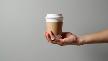 Fototapeta premium Hand Holding Paper Coffee Cup in Minimalist Setting