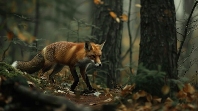 A fox hunting in the forest.