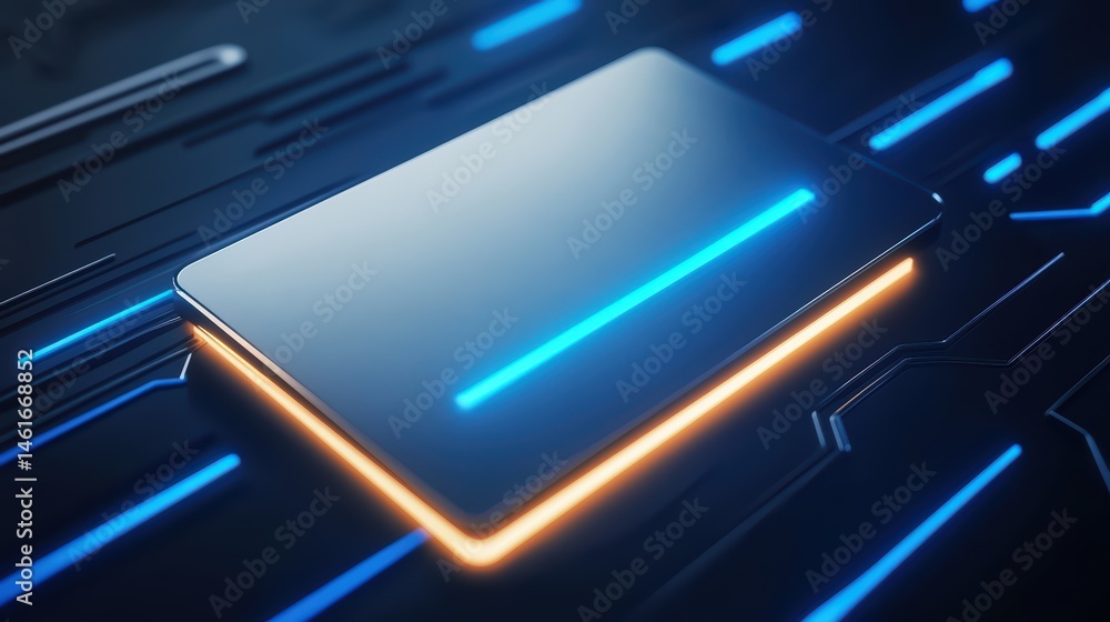Poster futuristic abstract background with glowing lines and a shiny rectangle on dark surface for technolo