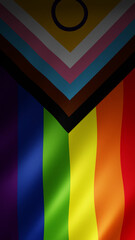 Vertical texture of the progress pride flag, including rainbow stripes and inclusive elements on fabric. Represents equality, diversity, and awareness.
