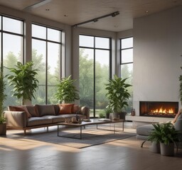 Fototapeta premium Modern living room, fireplace, large windows, plants, home, vase