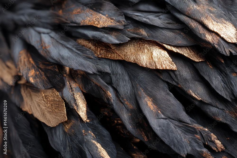 Poster close-up of dark gray feathers with gold accents, creating a luxurious and textured surface, showcas
