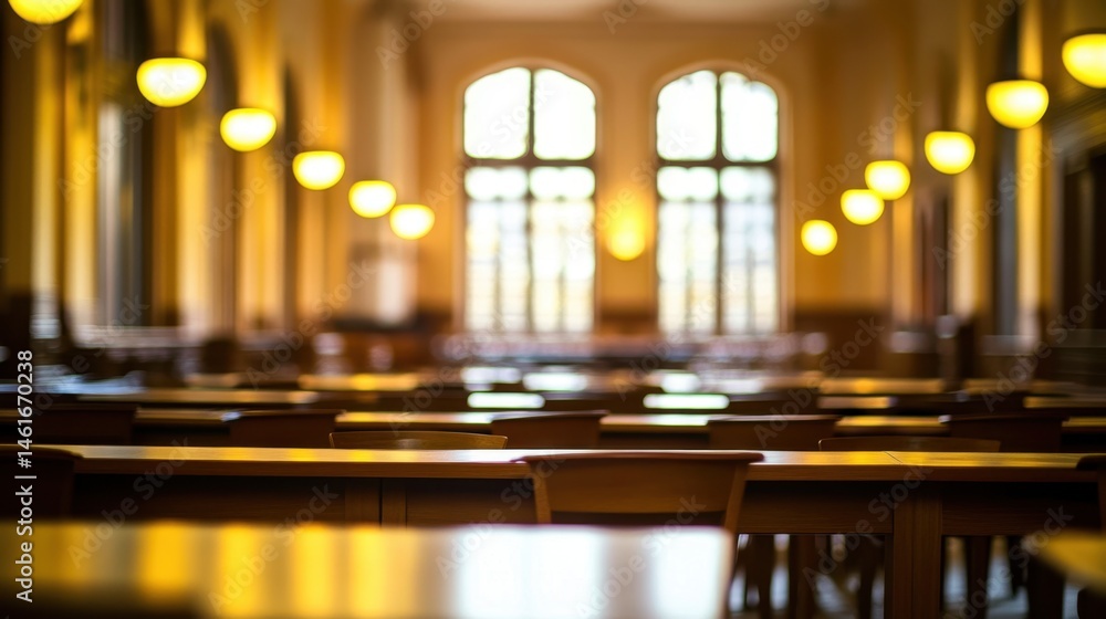 Aufkleber empty library interior with rows of tables and arched windows in warm light perspective view