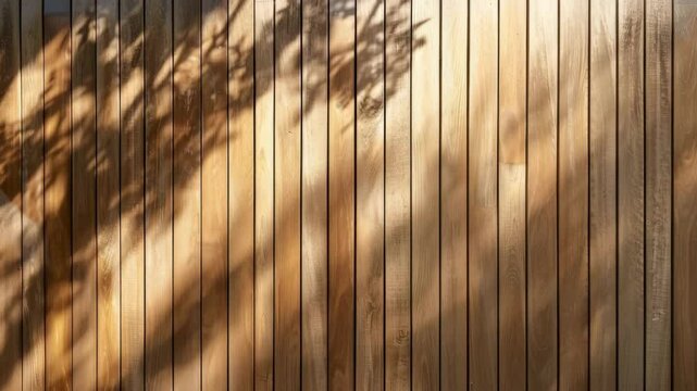 Sunlight casts intricate shadow patterns from tree branches onto a rustic wooden fence, creating warm, textured visual.