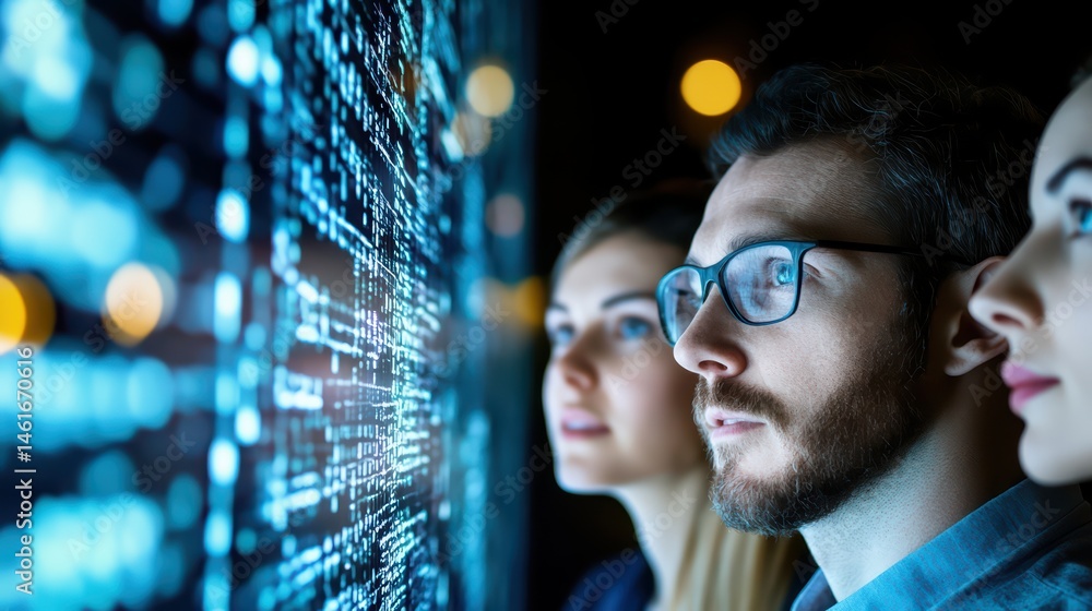 Poster young professionals analyzing data visualizations on a screen with blurred lights in the background