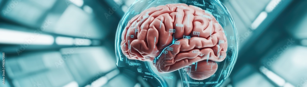 Aufkleber detailed representation of human brain with digital interface in futuristic setting showcasing neura
