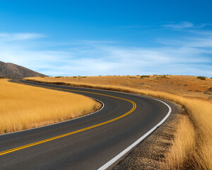 Naklejka premium a winding asphalt road with a bright yellow dividing line is surrounded by golden dry grass under clear skies.