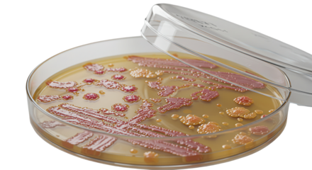 Petri dish with bacterial colonies on agar isolated on white background