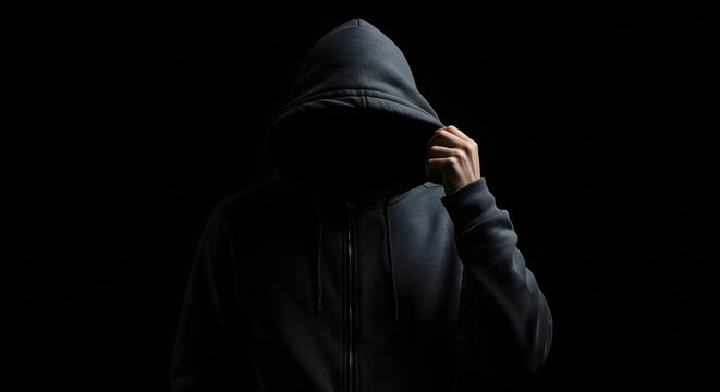 AI image of an anonymous person in a dark grey hoodie, face hidden in shadow, against a black background.