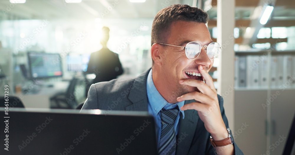 Poster excited, business and man on computer in office for positive feedback report on project proposal as 