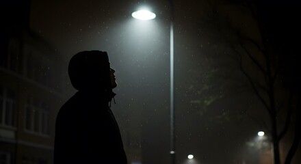 AI image silhouette of a hooded figure standing under a streetlight on a foggy, rainy night in an urban setting.