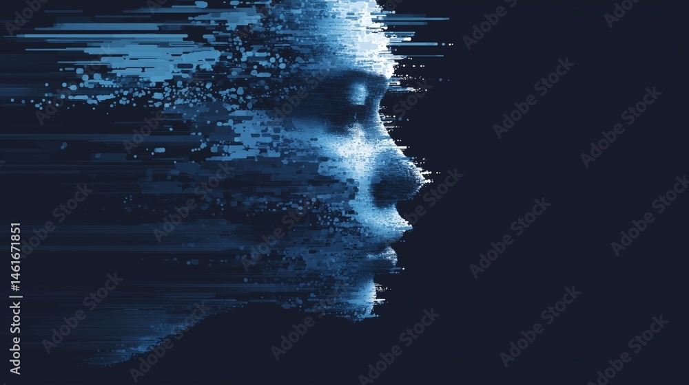 Poster abstract ai face silhouette with floating pixel layers, minimal intelligent tech vector