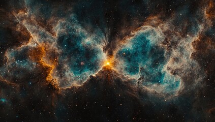 Fototapeta premium Cosmic nebula, vibrant colors, swirling gas clouds, stellar nursery. Vast expanse of space, interstellar dust, glowing nebulous structures