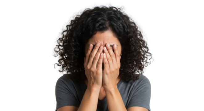 Frustrated woman covering face with hands isolated PNG with Transparent Background - Powered by Adobe