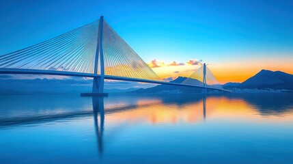 Obraz premium Modern cable-stayed bridge at sunrise over calm waters