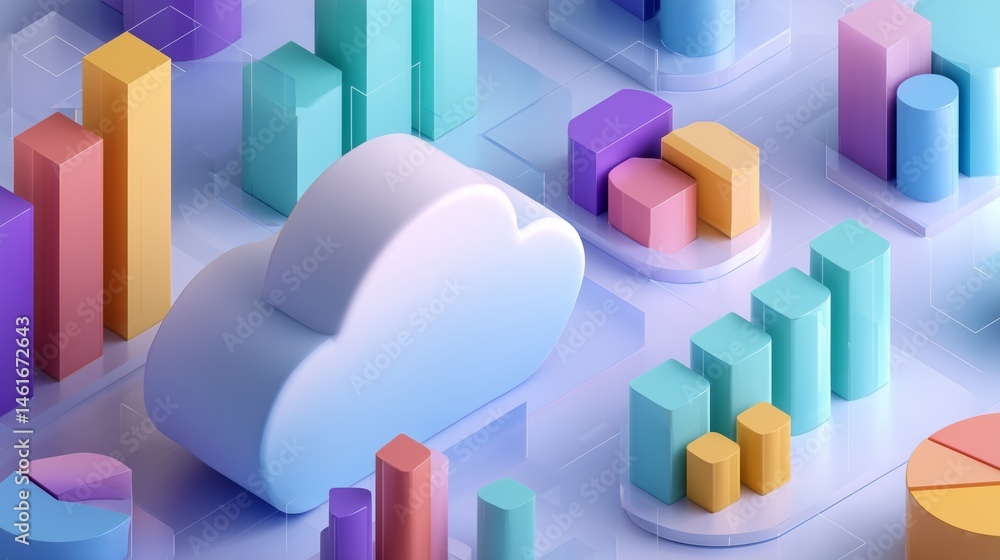 Poster abstract data cloud and bar charts floating in clean vector space, minimal isometric design, room fo