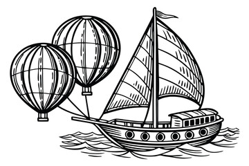 5 Vintage scientific illustration, sailing ship model, spherical balloons, boat-shaped base, vertical mast, sail, black and white engraving, detailed cross-hatching, surreal floating structure, steamp