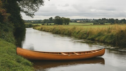 Obraz premium Wooden canoe on tranquil canal