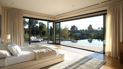 Fototapeta premium modern cream and white master bedroom with large sliding glass doors. 