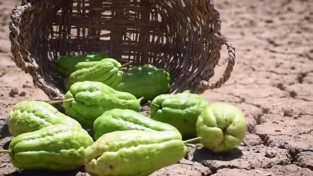 Fresh green vegetables spilling from a woven basket onto dry soil under bright sunlight in a farm - sayote | chayote