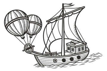 5 Vintage scientific illustration, sailing ship model, spherical balloons, boat-shaped base, vertical mast, sail, black and white engraving, detailed cross-hatching, surreal floating structure, steamp