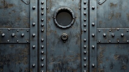 Fototapeta premium a steel door with portholes and rivets, resembling a submarine or bunker entrance, featuring a rotary valve lock and bulletproof design