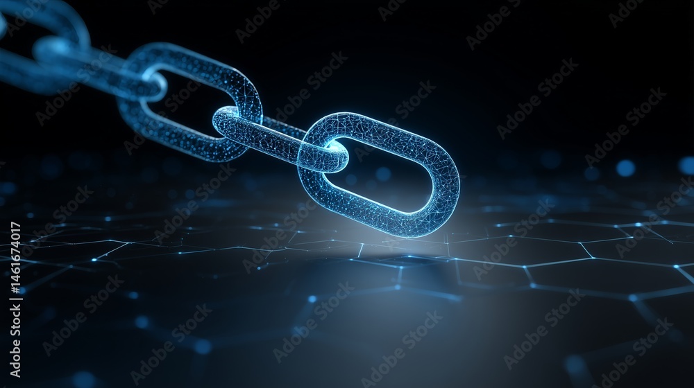 Poster blockchain chain link floating over hexagonal grid, minimal clean crypto icon, vector style